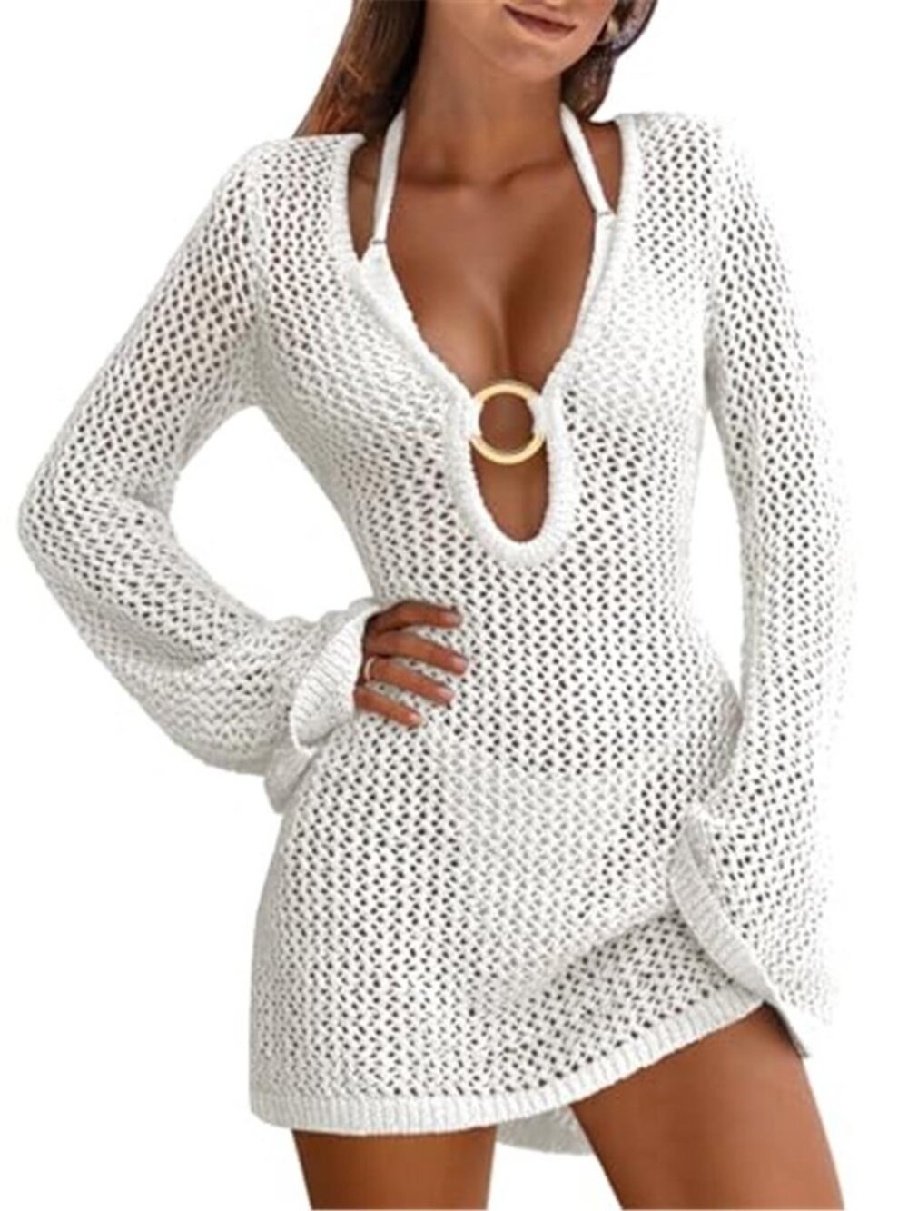 ANRABESS White Crochet Swim Cover Up Long Sleeve Hollow Out Beach Mini Dress